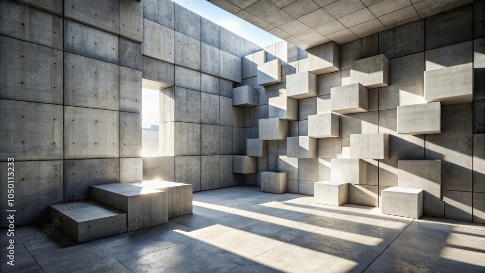 Aufkleber a modern architectural space composed of interlocking concrete cubes cast in dramatic light and shad