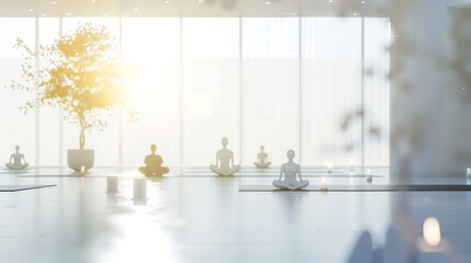 A serene scene of a yoga class in a health center, with participants engaged in various poses and a focus on their well-being, set against a tranquil