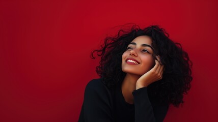 Happy Woman with Curly Hair Looking Up. Generative AI.