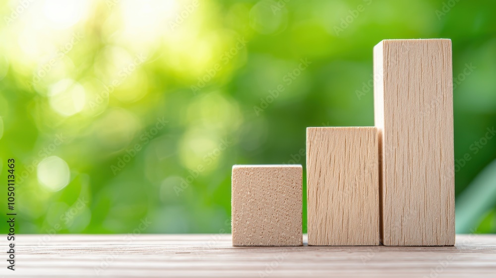 Poster wooden blocks representing growth and progress in business metrics on a bright green background