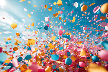 Abstract festive wallpaper with colorful falling confetti. Background, illustration. Celebration, party, holiday.