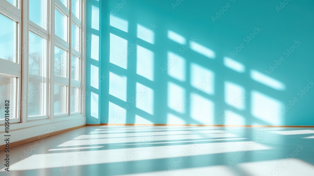Aufkleber a spacious room with teal-colored walls is flooded with sunlight, creating a beautiful pattern of sh