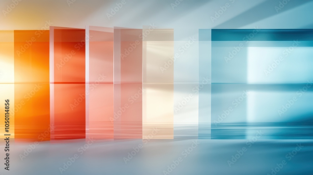 Aufkleber a series of colorful glass panels are set in a row, each casting shadows on the floor, creating an i