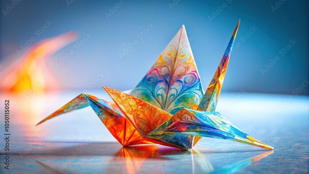Poster A colorful origami crane crafted from paper with intricate swirling patterns, resting on a reflective surface, illuminated by a soft light in the background.