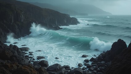 Obraz premium Stormy coastline with crashing waves against jagged rocks