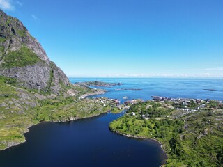 Aerial view of Agvatnet lake and A, Norway small fishing village in Lofoten Islands
