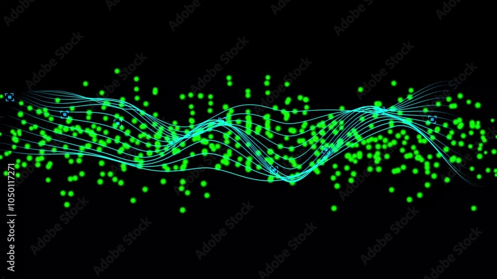 Poster abstract green particle background. flow wave with dot landscape. pattern point visualization. techn