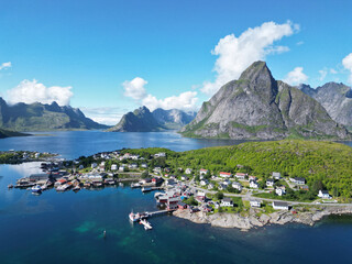 Aerial view of Reine in Lofoten Islands, Norway at summer
