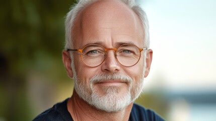 Man with glasses is smiling and looking at the camera. . good looking man in his 50s. he is wearing these round vintage glasses whose frames are orange. he is sitting on a bench outside in the park.