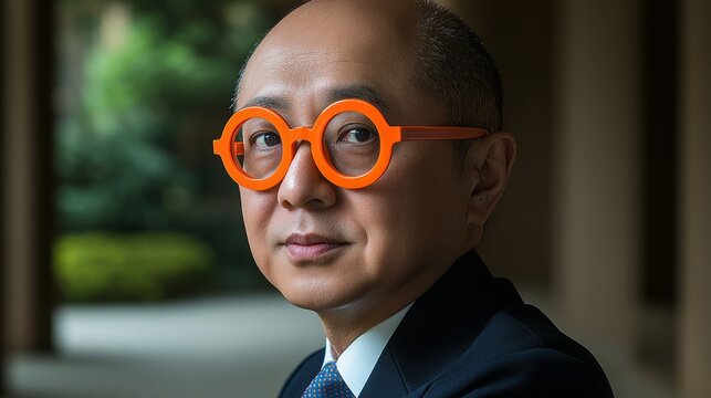 Man wearing orange glasses and a suit. He is looking at the camera. good looking man. he is wearing these round vintage glasses whose frames are orange. he is sitting on a bench outside in the park.
