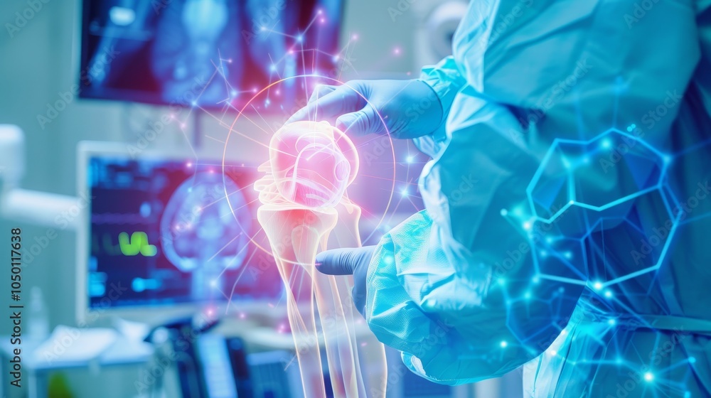 Poster a surgeon performing a robotic-assisted knee replacement surgery in an advanced operating theater ag