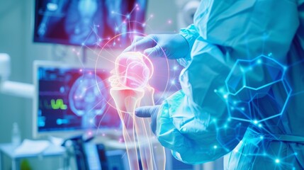 A surgeon performing a robotic-assisted knee replacement surgery in an advanced operating theater against a high-tech, futuristic background, macro shot