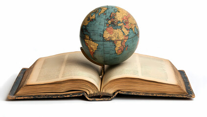  A globe placed on an open book, representing global knowledge and education, isolated on a white background with copy space for text. This stock photo was shot using a Sony Alpha A7 IV ca AI Editing.