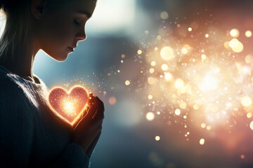 Side view of a young woman with serene expression holding a glowing heart, on a background of bright lights. Valentine's Day concepts, love and emotions.