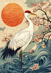 A graceful white crane stands peacefully in the sea, surrounded by vibrant red plum blossoms and intricate traditional wave patterns, capturing the serene beauty of Japanese art and nature's harmony