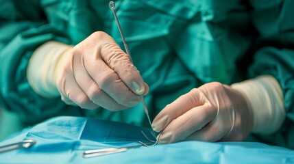 A surgeon's hands carefully performing a delicate suture on a patient in a sterile operating room, with surgical tools in the background, macro shot