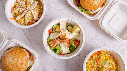 Assortment. Noodles bowl, salad bowl, pasta and soup