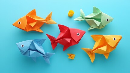Colorful Origami Fish on Blue Background