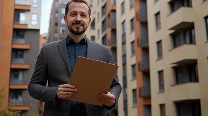 Real estate agent holds a folder in hands