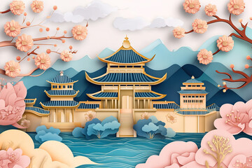 Fototapeta premium National style Paper Cuttings style Chinese ancient landscape architecture landscape painting