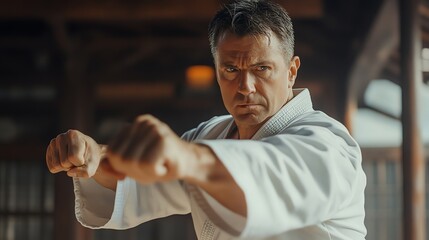 A man in a white karate uniform with a focused expression throws a punch.