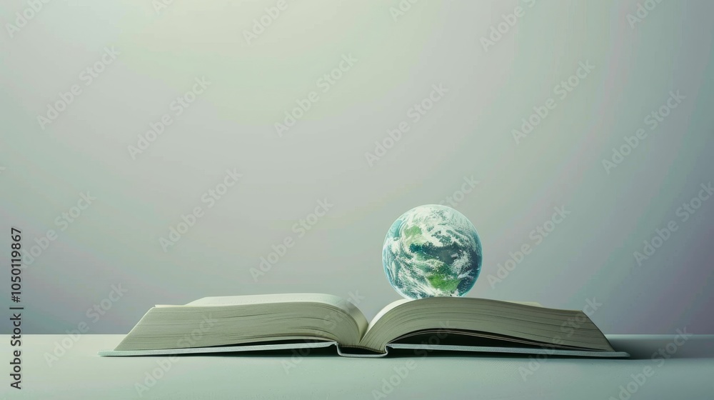 Aufkleber a surreal representation of a world emerging from an open book against a clean, simple background, m