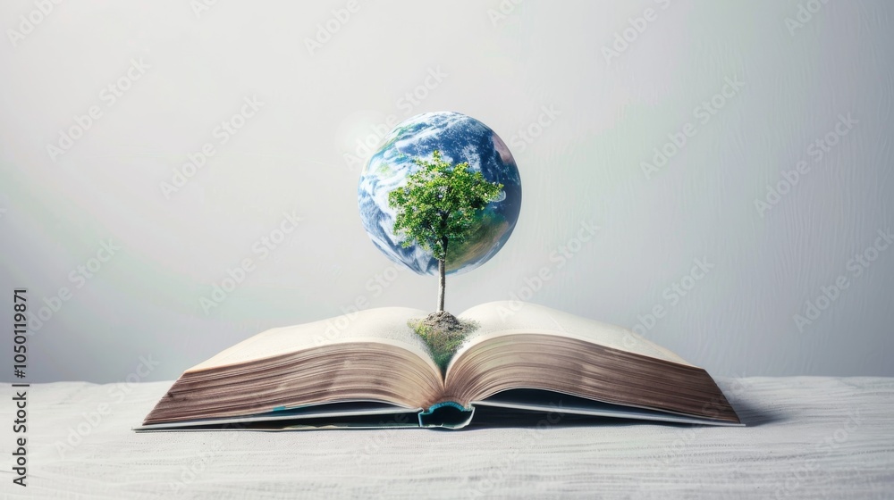Poster A surreal representation of a world emerging from an open book against a clean, simple background, macro shot