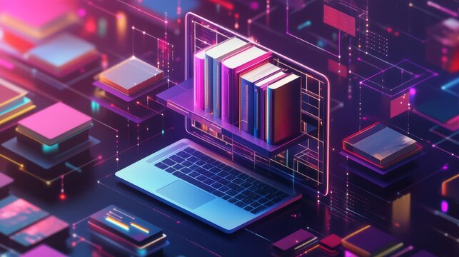 Digital Bookshelf Concept with Laptop and Colorful Books
