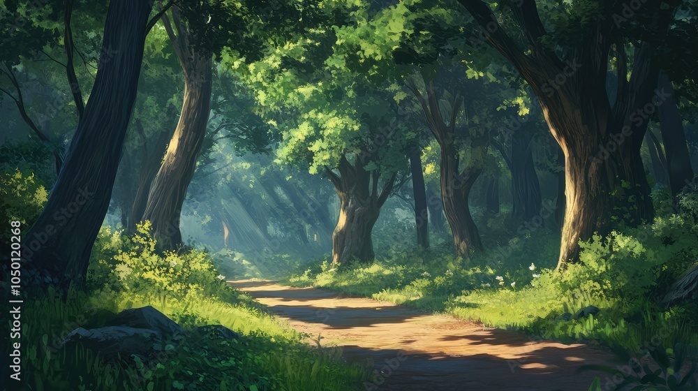 Poster a serene forest path leading through ancient trees, untouched by development, creating a peaceful re