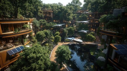 Obraz premium Futuristic eco-friendly community with wooden buildings, lush greenery, and flying vehicles.