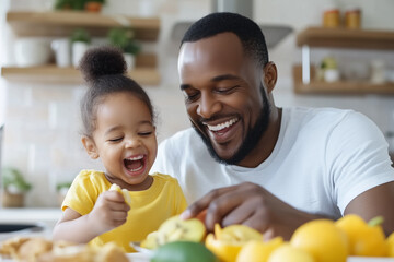 A close-up of an African American father and daughter sharing laughter over breakfast in a vibrant kitchen, conveying joy and familial love, bonding and morning routines.Concept: joyful family moments