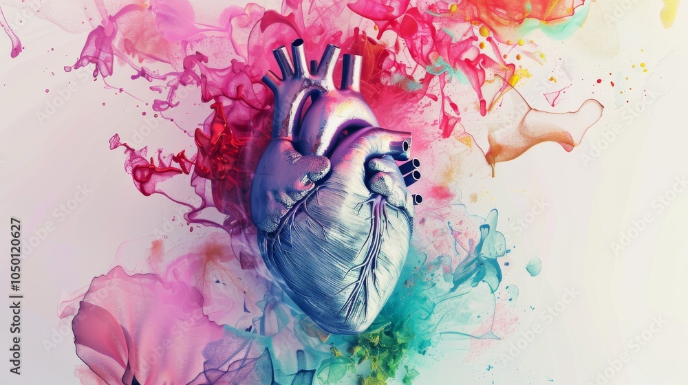 Poster a surrealistic depiction of a heart with anatomical details surrounded by colorful, abstract element