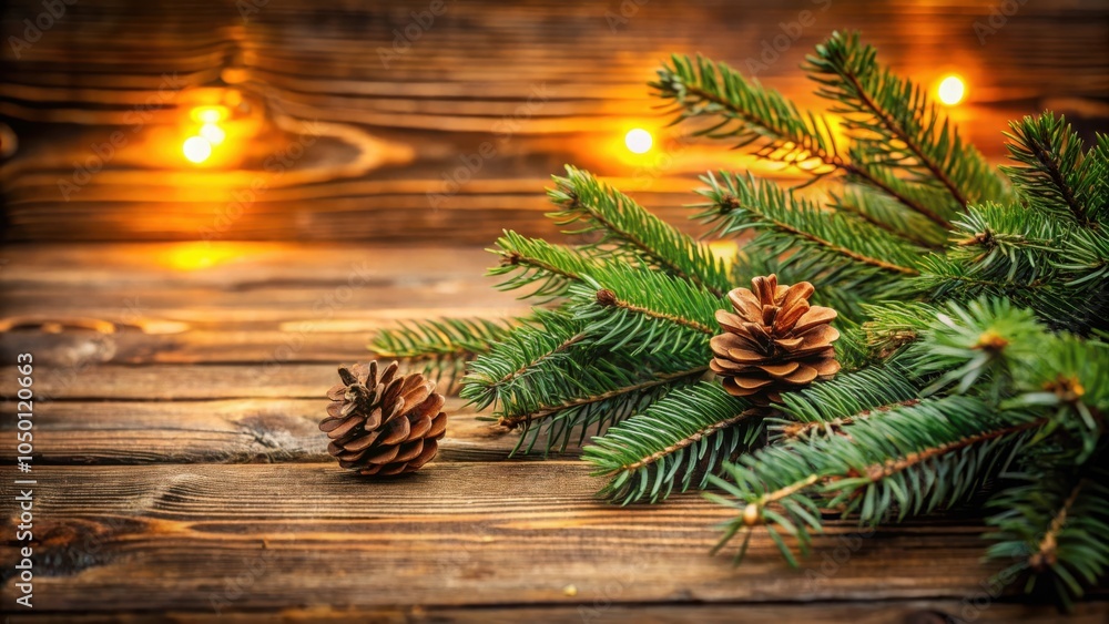 Poster Pine Cones and Evergreen Branches on Rustic Wooden Table with Warm Lights in the Background
