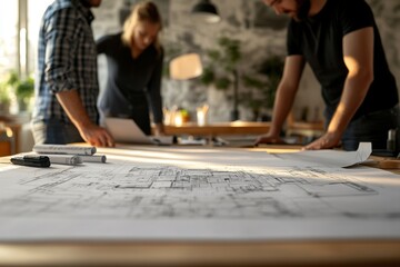 Male architect working with a blueprints in modern office