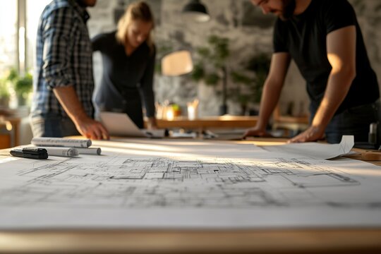 Male architect working with a blueprints in modern office