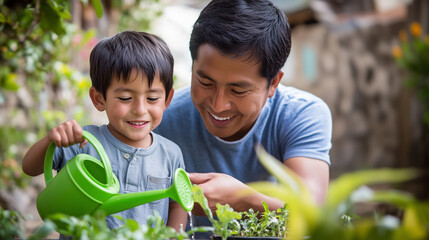 A Latin father and son use a green watering can to water plants together in a garden, representing their strong bond, care for the environment, and quality family time. Concept: nurturing fatherhood