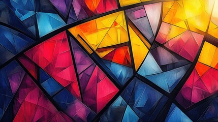 Abstract geometric stained glass window with vibrant colors.