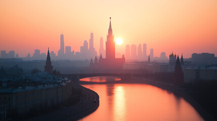 Obraz premium Highangle view of a capital city at dawn, first rays of sunlight on iconic landmarks