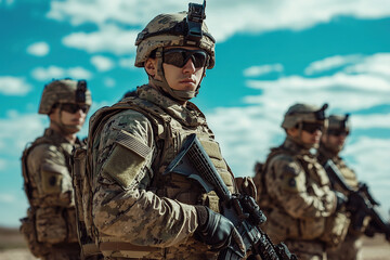 Fototapeta premium Group of soldiers with assault rifles in military uniform is ready for storm