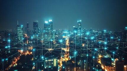 Fototapeta premium Futuristic Cityscape with Digital Network Connections at Night