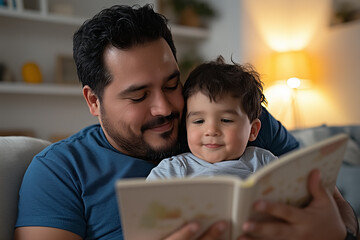 Fototapeta premium A tender moment between a father and his young son as they read a book together, both smiling and close, highlighting warmth, love, and the joy of shared stories in a cozy home.Concept: shared stories