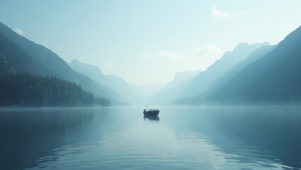 Obraz premium Serene boat on a tranquil lake amidst majestic mountains