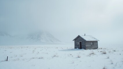 Lonely wooden cabin in snowy wilderness evoking solitude
