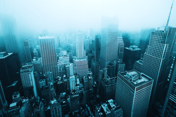 Obraz premium Aerial view of a capital cityscape with fog settling over skyscrapers, serene and atmospheric