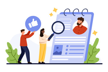 Review data of employees CV, vacancy. Tiny people with magnifying glass research professional candidates resume to find skills, recruit staff for hiring and interview cartoon vector illustration