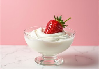 strawberry close-up in a glass saucer yogurt sour cream