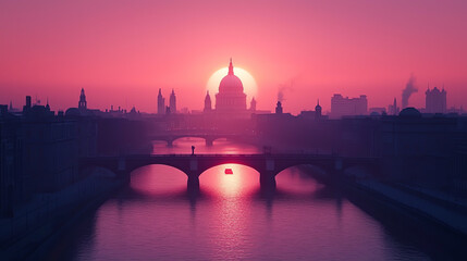 Fototapeta premium Highangle view of a capital city at dawn, first rays of sunlight on iconic landmarks
