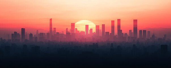 Fototapeta premium Wide panorama of capital city s iconic skyline at sunrise, first light over the buildings