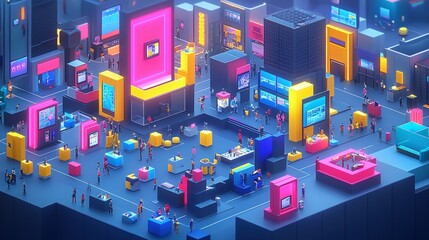 Fototapeta premium A bustling, colorful, and futuristic cityscape with numerous people walking around.