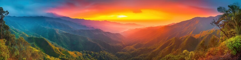Obraz premium A beautiful mountain range with a bright orange sun in the sky. The sun is setting and the sky is filled with warm colors. The mountains are covered in trees and the landscape is serene and peaceful